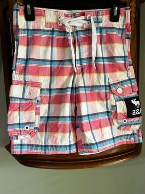 Boys Abercrombie pink Plaid Cargo Swim Surf Board Shorts Trunks Small